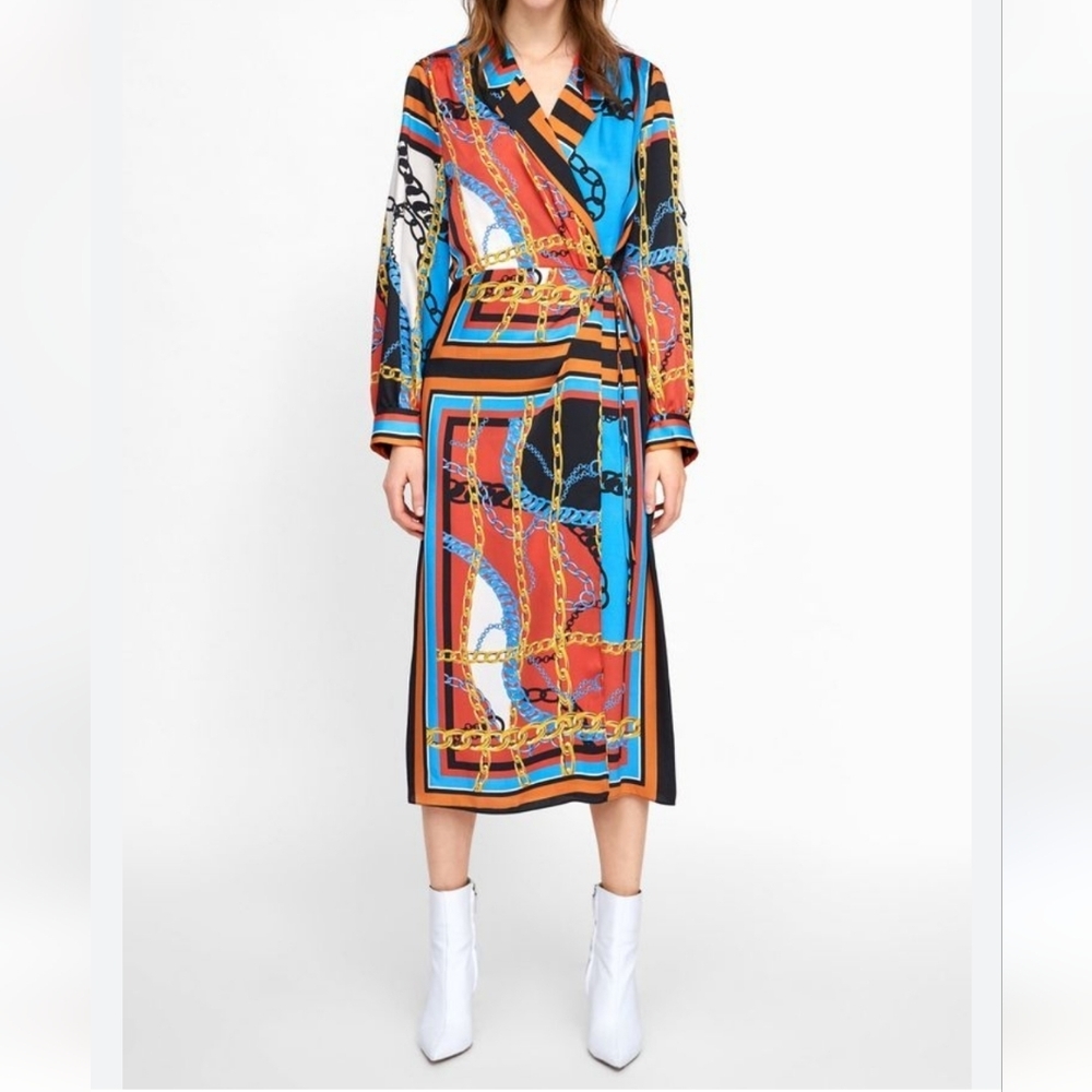 Zara orange blue chain Muticolor print midi spring fall dress size XS